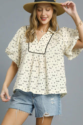Umgee Bow Print Puff Sleeve Blouse OutfitFlow